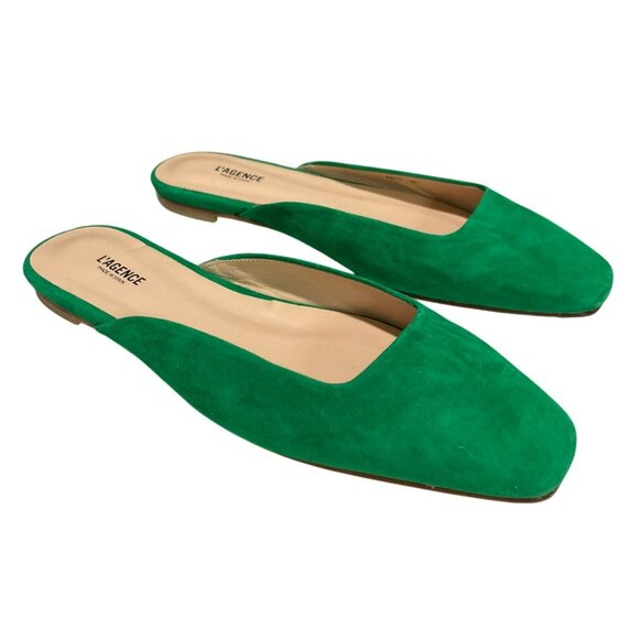 L'Agence Green Suede Leather Square-Toe Mule Flats Size 37 7 NEW - Picture 1 of 6
